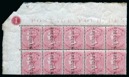 Stamp of Great Britain » 1855-1900 Surface Printed » 1855-57 No Corner Letters 1855-57 Wmk Medium Garter 4d carmine with "SPECIMEN" type 2 overprint in mint nh block of ten