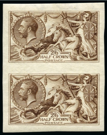 Stamp of Great Britain » King George V » 1913-19 Seahorse Issues 1915 De La Rue 2s6d imperforate colour trial in deep yellow brown in mint nh vertical pair