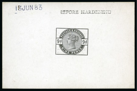 Stamp of Great Britain » 1855-1900 Surface Printed » 1883-84 Lilac & Green Issue 1883 9d De La Rue die proof in black on white glazed card