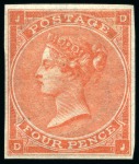 Stamp of Great Britain » 1855-1900 Surface Printed » 1862-64 Small Uncoloured Corner Letters 1862-64 4d Pale red pl.4 DJ with hair lines, mint og IMPERFORATE