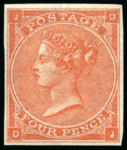 Stamp of Great Britain » 1855-1900 Surface Printed » 1862-64 Small Uncoloured Corner Letters 1862-64 4d Pale red pl.4 DJ with hair lines, mint og IMPERFORATE