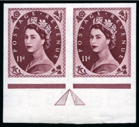 Stamp of Great Britain » Queen Elizabeth II 1954 11d Brown-Purple, wmk Tudor Crown, mint nh imperforate imprimatur in lower marginal horizontal pair
