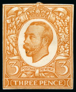 Stamp of Great Britain » King George V » 1911-12 Downey Head Issues 1911 3d Engravers sketch die for unissued value printed in orange on thick white paper