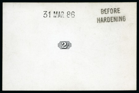 Stamp of Great Britain » 1855-1900 Surface Printed » 1887-1900 Jubilee Issue & 1891 £1 Green 1886 2d Rejected duty plate De La Rue die proof in black on white glazed card