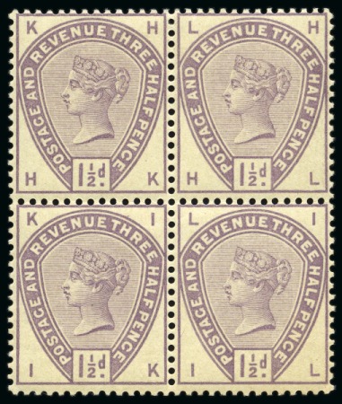 Stamp of Great Britain » 1855-1900 Surface Printed » 1883-84 Lilac & Green Issue 1883-84 1 1/2d Colour trial HK-IL, printed in lilac on unwatermarked buff paper in mint block of four