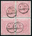 Stamp of Great Britain » 1855-1900 Surface Printed » 1867-83 High Values 1867-83 5s Pale rose pl.1 AD/BE block of four neatly cancelled