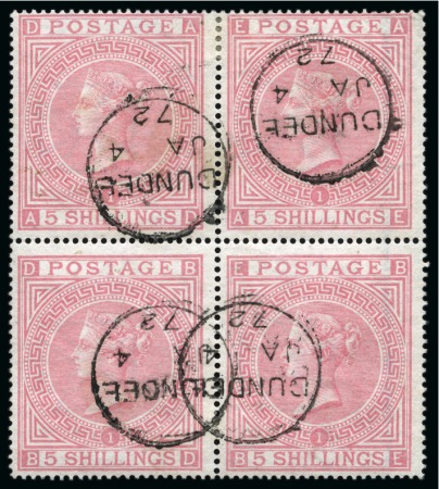 Stamp of Great Britain » 1855-1900 Surface Printed » 1867-83 High Values 1867-83 5s Pale rose pl.1 AD/BE block of four neatly cancelled