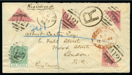 Stamp of St. Kitts-Nevis » St. Christopher 1885 (Apr 25) Envelope sent registered to London, franked at 6d rate