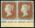 Stamp of Great Britain » 1841 1d Red 1841 1d Red-Brown pl.95 TE-TF mint og lower marginal horizontal pair