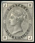 Stamp of Great Britain » 1855-1900 Surface Printed » 1873-80 Large Coloured Corner Letters 1876 1s pl.13 imperforate plate proof printed in black on thick white card