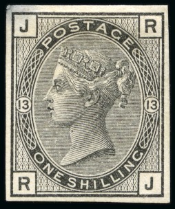 Stamp of Great Britain » 1855-1900 Surface Printed » 1873-80 Large Coloured Corner Letters 1876 1s pl.13 imperforate plate proof printed in black on thick white card
