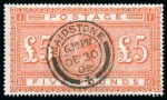 Stamp of Great Britain » 1855-1900 Surface Printed » 1867-83 High Values 1867-83 £5 Orange pl.1 BG neatly cancelled by a crisp Maidstone DE 30 1902 double ring cds