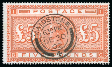 Stamp of Great Britain » 1855-1900 Surface Printed » 1867-83 High Values 1867-83 £5 Orange pl.1 BG neatly cancelled by a crisp Maidstone DE 30 1902 double ring cds