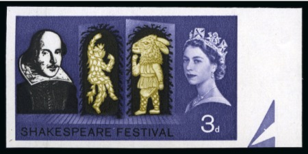Stamp of Great Britain » Queen Elizabeth II 1964 Shakespeare Festival 3d (Esparto paper) imperforate imprimatur with a "BPMA" handstamp on reverse