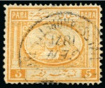 Stamp of Egypt » Egyptian Post Offices Abroad » Consular Offices » Alexandretta 1867 5pa yellow and 2pi blue, plus 1874-75 2 1/2pi, all showing part strikes of the V.R. POSTE EGIZIANE / ALEXANDRETTA cds