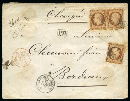 Stamp of Egypt » French Post Offices » Alexandria 1869 (20.3) Large registered envelope from Alexandria to Bordeaux, France, franked France Empire 1862 40c. (x3), tied lozenge “5080”