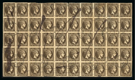 Stamp of Egypt » Greek Post Office » Alexandria 1876 30 lep dark olive brown, part sheet of 50 cancelled with ALEXANDRIA circular datestamps