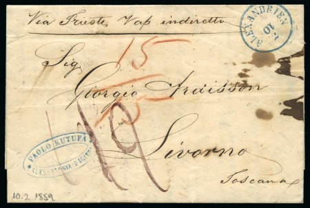 Stamp of Egypt » Austrian Post Offices » Alexandria 1859 (10.2) Folded stampless entire Alexandria to Livorno, bearing “ALEXANDRIEN/ 10.2” small type datestamp in blue