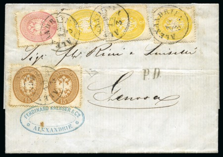 Stamp of Egypt » Austrian Post Offices » Alexandria 1864 (14.3) Folded entire via Trieste to Genova, franked 1863 2 s. yellow, three singles, 5 s. rose and 15 s. brown (creased) pair