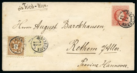 Stamp of Egypt » Austrian Post Offices » Alexandria 1884 (21.10) 5 s. red postal stationery envelope to Hannover bearing Arms 2 s. brown and 3 s. green
