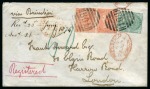 Stamp of Egypt » British Post Offices » Alexandria 11874 (15.7) Envelope sent registered from Alexandria to London with 1865-67 4d pair pl. 13 and 1873-80 1s pl. 9 tied by “B01”