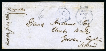 Stamp of Egypt » British Post Offices » Suez 1866 (19 July) Cover from Cairo to Scotland, showing a fine strike of the “Crowned Circle” PAID AT SUEZ in blue