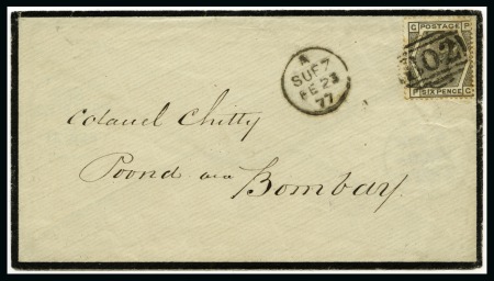 Stamp of Egypt » British Post Offices » Suez 1877 (23.2) Mourning letter from Suez to Bombay, franked Great Britain 6d plate 15