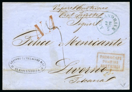 Stamp of Egypt » Italian Post Offices » Alexandria 1863 (28.5) Folded stampless cover from the Austrian Post Office in Alexandria to Livorno, via Ancona & Florence, bearing ALEXANDRIEN /28.5 cds in blue, sent by Italian steamer and bearing a fine strike of the extremely 