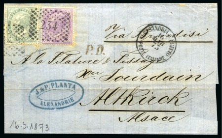 Stamp of Egypt » Italian Post Offices » Alexandria 1873 (16.3) Large part cover from Alexandria to Altkirch, Alsace, France, franked with Italy 1863 5 c. and 60 c.