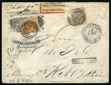 Stamp of Egypt » Italian Post Offices » Alexandria 1882 Printed envelope from the "Hotel D'Europe" in Alexandria sent registered to Germany, franked Italy 1874 ESTERO Issue 20c. and 60c.
