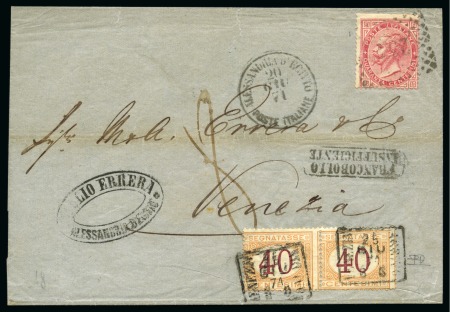 Stamp of Egypt » Italian Post Offices » Alexandria 1871 (20.6) Folded from Alexandria to Venice, franked 40c., tied by “234” in dots, circular datestamp ALESSANDRIA D’EGITTO / POSTE ITALIANE alongside, postage due was levied on arrival (25.6.71) with 2 x 40c., also hands