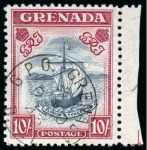 Stamp of Grenada 1938-50 10s Slate-Blue & Bright Carmine (narrow frame) perf.12 group of 3 with different with "Madame Joseph" forged datestamps