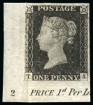 Stamp of Great Britain » 1840 1d Black and 1d Red plates 1a to 11 Plate 2 Imprimatur (After Hardening) TA from the lower left of the sheet showing the plate number "2" in the corner