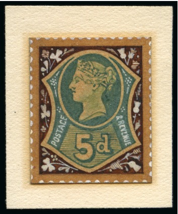 Stamp of Great Britain » 1855-1900 Surface Printed » 1887-1900 Jubilee Issue & 1891 £1 Green 1885 5d "Jubilee" Hand painted essay, an exquisite