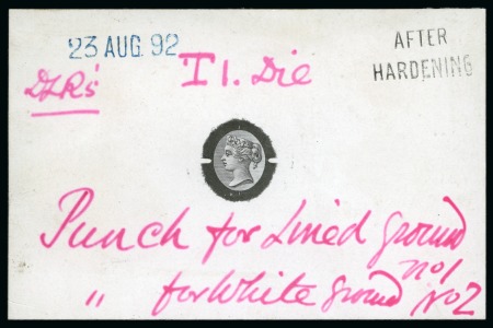 Stamp of British Empire General Collections and Lots » British Empire Essays 1892 De La Rue head die proof essay in black on white glazed card showing lined background around head