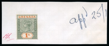 Stamp of Grenada 1895-99 Key-Type 1s green and orange essay with handpainted country and value tablets