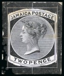 Stamp of Jamaica 1860-70 2d Die proof in black on card with uncleared surround