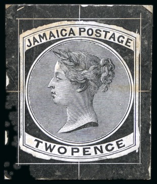 Stamp of Jamaica 1860-70 2d Die proof in black on card with uncleared surround
