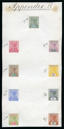 Stamp of Nigerias » Northern Nigeria 1900 1/2d Key-Type "Postage & Postage" essay for unissued design affixed to archive page with eight "Imperium" proofs