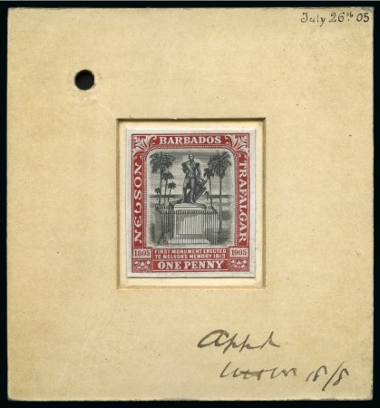Stamp of Barbados 1906 Nelson Centenary 1d composite essay in black and red with Chinese white hand-painting affixed in sunken card