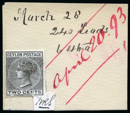 Stamp of Ceylon 1872-80 2c De La Rue die proof on glazed card with initials "WRH" affixed to striking book piece 