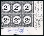 Stamp of Barbados Postage Dues: 1949 De La Rue archive page with 1c, 2c and 6c in imperf. blocks of six affixed and 1965-68 postage due corner marginal blocks of six from the printer's record sheets