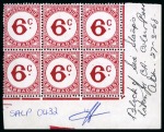 Stamp of Barbados Postage Dues: 1949 De La Rue archive page with 1c, 2c and 6c in imperf. blocks of six affixed and 1965-68 postage due corner marginal blocks of six from the printer's record sheets