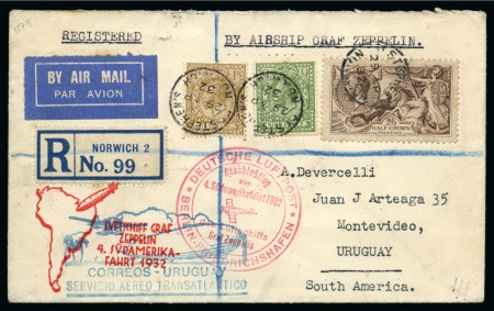 Stamp of Great Britain » King George V » 1913-19 Seahorse Issues 1932 (Apr 29) 4th South America Flight, envelope sent from Norwich to Uruguay with 1918-19 Bradbury Wilkinson 2s6d