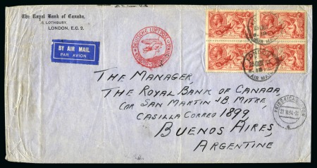 Stamp of Great Britain » King George V » 1913-19 Seahorse Issues 1934 (Oct 25) Envelope sent by airmail to Argentina with 1918-19 Bradbury Wilkinson 5s block of four 