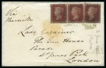 Stamp of Great Britain » 1854-70 Perforated Line Engraved 1855 (Jun 2) Envelope to England with three Penny Red "stars" (pair and single) tied by greenish black "O*O" barred ovals