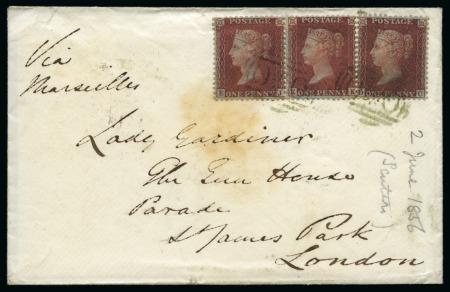 Stamp of Great Britain » 1854-70 Perforated Line Engraved 1855 (Jun 2) Envelope to England with three Penny Red "stars" (pair and single) tied by greenish black "O*O" barred ovals