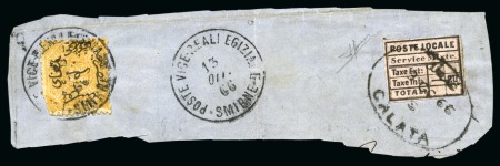 Stamp of Egypt » Egyptian Post Offices Abroad » Consular Offices » Smirne (Turkey) 1866 2pi Yellow on large fragment in combination with Turkish Local 20pa