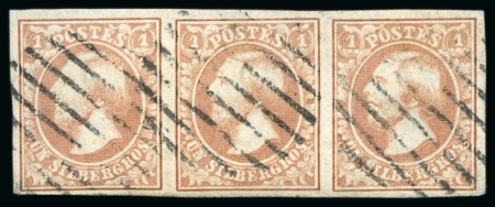 Stamp of Luxembourg 1855-56 1sg brown-red and light flesh, two strips of three used