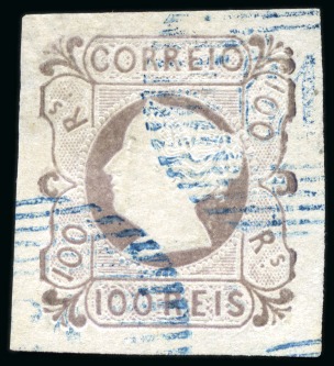 Stamp of Portugal 1853 100r lilac, three large margined examples scarcely used in blue